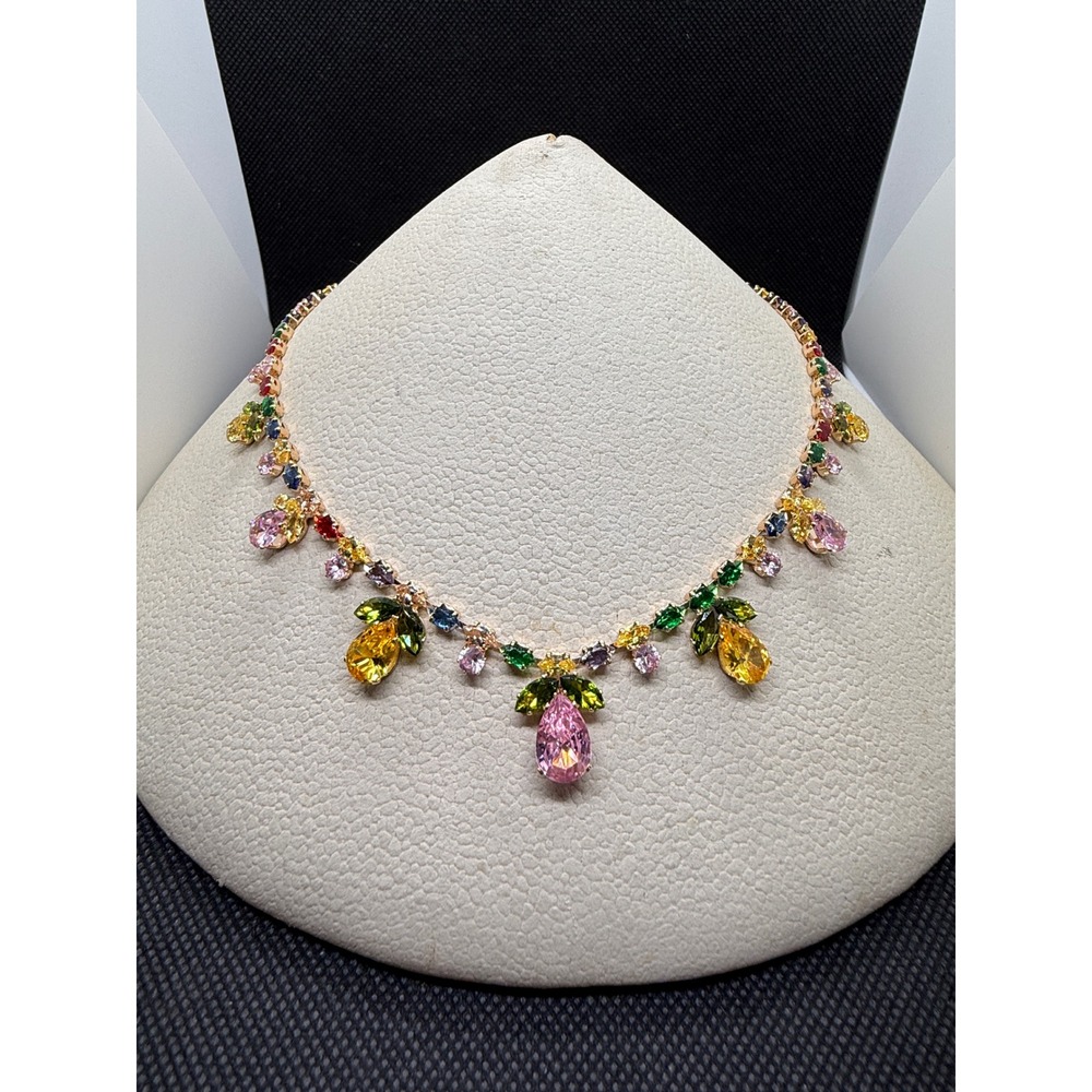Multi Color Crystal Drop Necklace Rose Gold Tone Floral Statement Jewelry